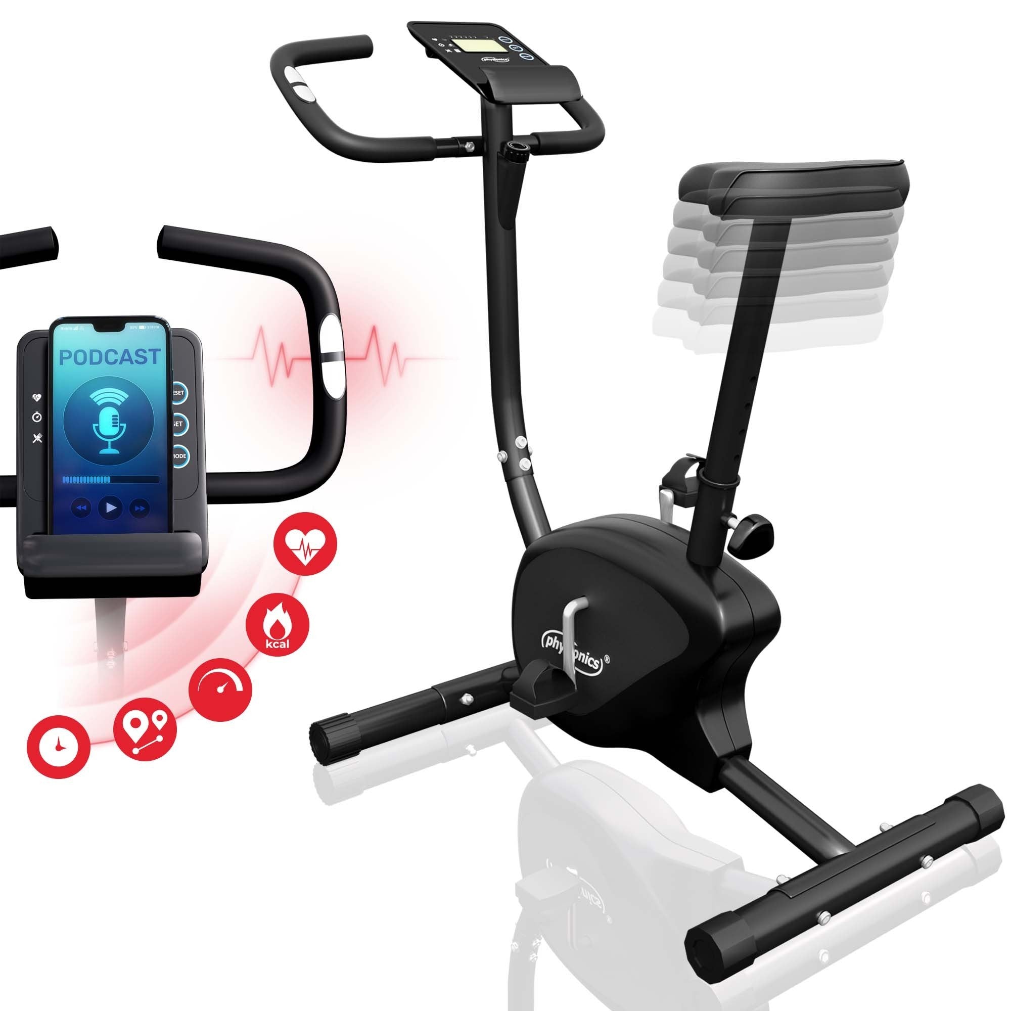 Motionscykel ergometer - med LCD-display, justerbart sæde og modstand, med håndpulssensorer, op til 100 kg, sort