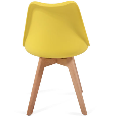 SpisebordsstoleSæt med 4 - skandinavisk stil, polstret med sædehynder, lavet af plastik og massivt træ, gul