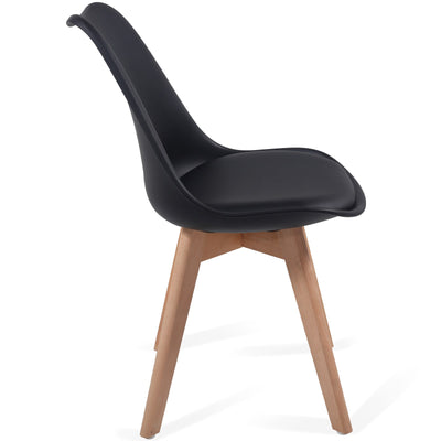 Spisebordsstole, sæt af 6 - i skandinavisk stil, betrukket med sædehynder, lavet af plast og massivt træ, sort