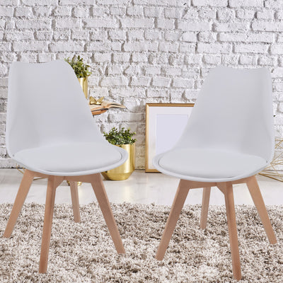 Spisebordsstole, sæt af 8 - i skandinavisk stil, betrukket med sædehynder, lavet af plastik & massivt træ, hvid