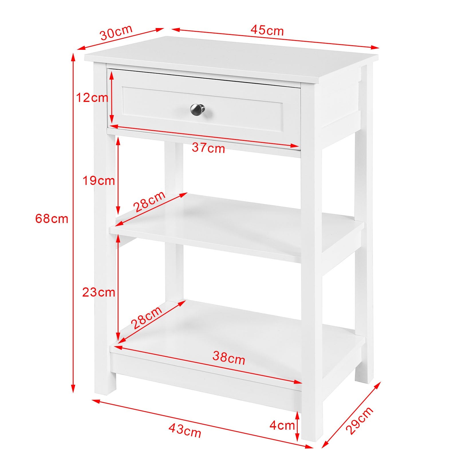 Moderne sidebord med skuffe, 45 x 30 x 60 cm, hvid