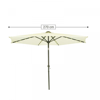 Parasol, 270 cm, med håndsving, LED-belysning, foldbar, vandtæt, UV-beskyttelse, beige