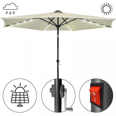Parasol, 270 cm, med håndsving, LED-belysning, foldbar, vandtæt, UV-beskyttelse, beige
