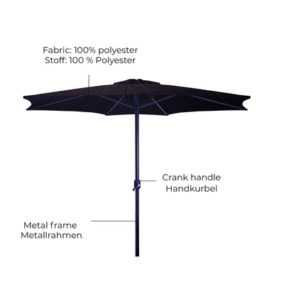 Parasol - 300 cm, med håndsving, vandtæt, højdejusterbar, UV-beskyttelse, sort