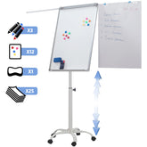 Magnetisk whiteboard / flipover, højdejusterbar, 90x60 cm, med stativ, pennebakke, udtrækbare sidearme, markør, tilbehør, hvid