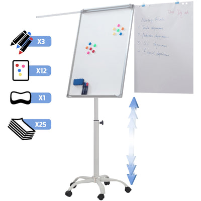 Magnetisk whiteboard / flipover, højdejusterbar, 90x60 cm, med stativ, pennebakke, udtrækbare sidearme, markør, tilbehør, hvid