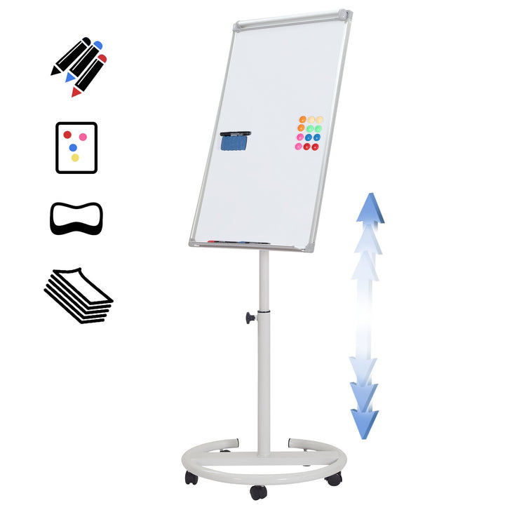 Whiteboard på stativ - højdejusterbar, 90x60 cm, pennebakke, 3 markører