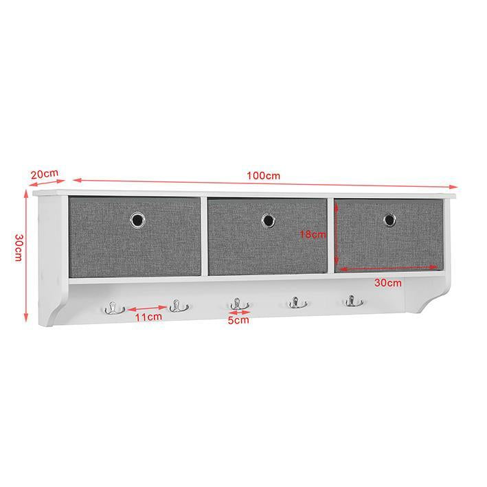 Knagerække med opbevaringskasser, 100 x 30 x 20 cm, hvid og grå