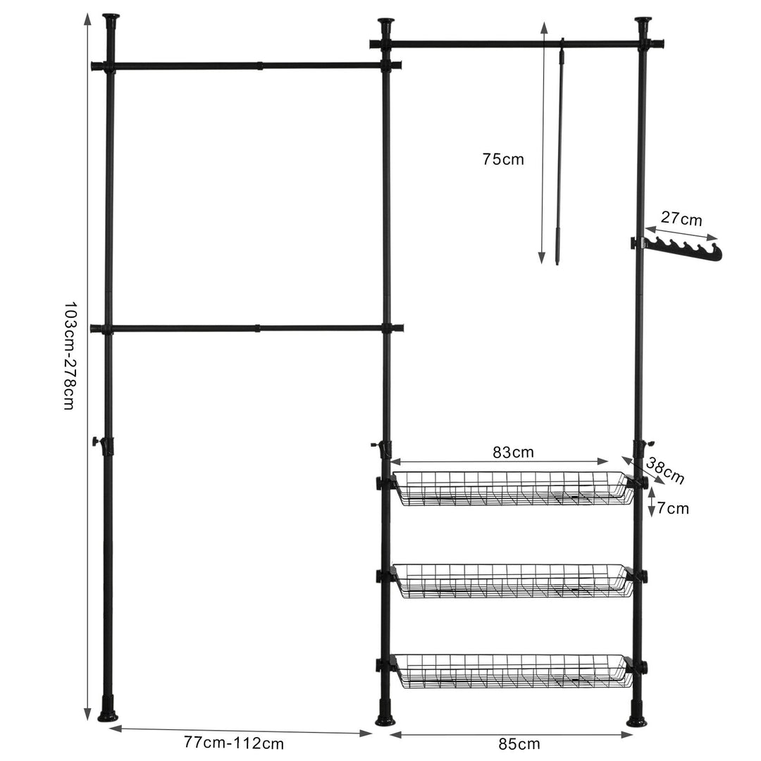 Walk-in closet, teleskopstativ, tøjstativ, garderobe, sort