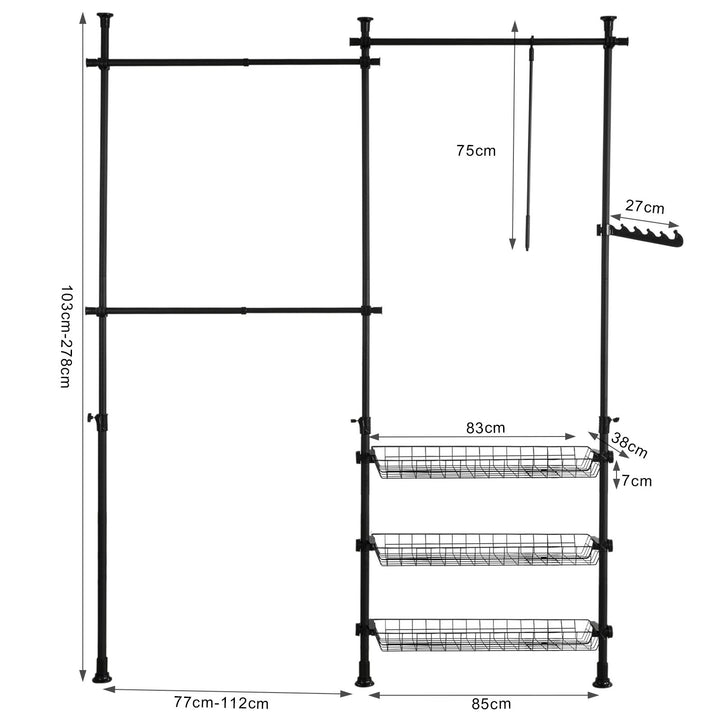 Walk-in closet, teleskopstativ, tøjstativ, garderobe, sort