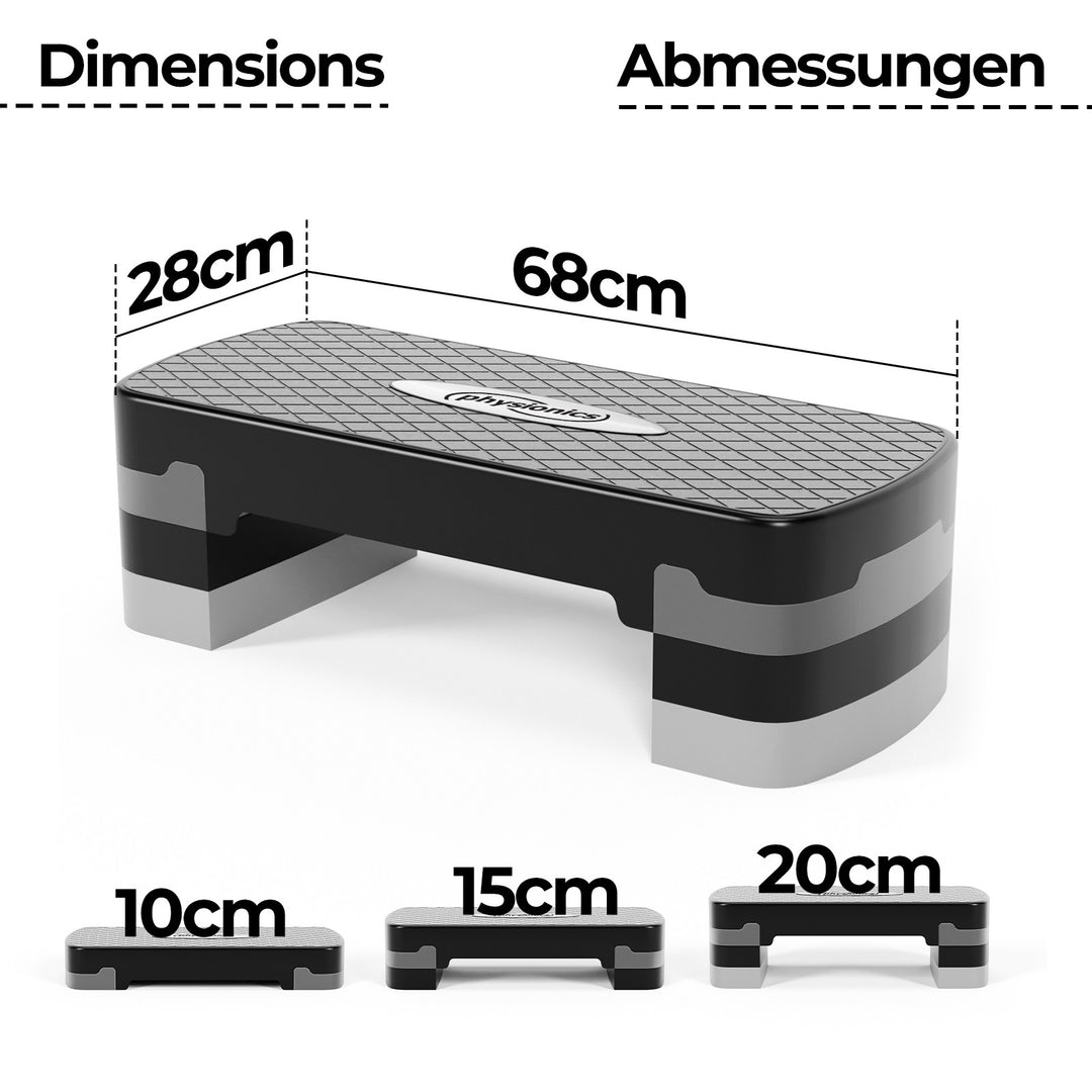 Physionics® aerobic stepboard - 3 niveauer (10 / 15 / 20 cm), højdejusterbart, skridsikkert gummibetræk, maks. 200 kg