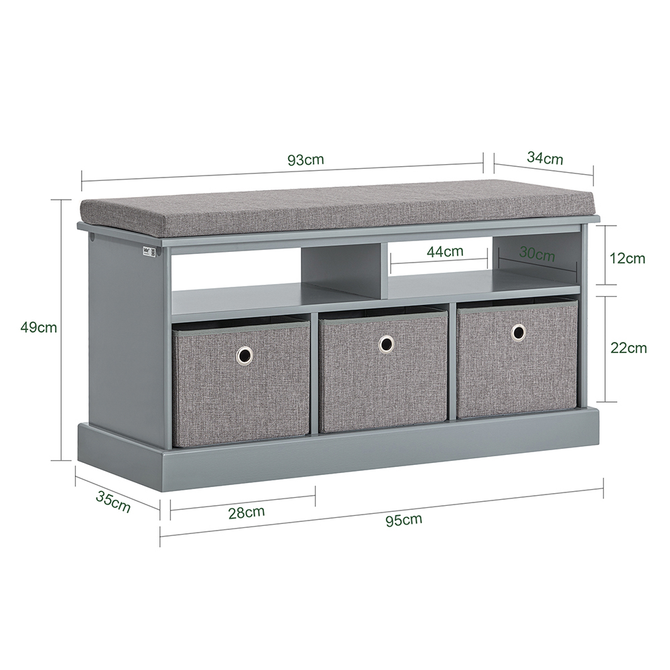 Skobænk med 3 kurve, 35 x 49 x 95 cm, grå