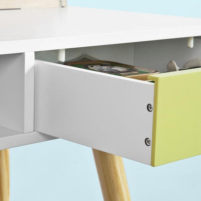 Skrivebord i skandinavisk stil, hvid med gul skuffe