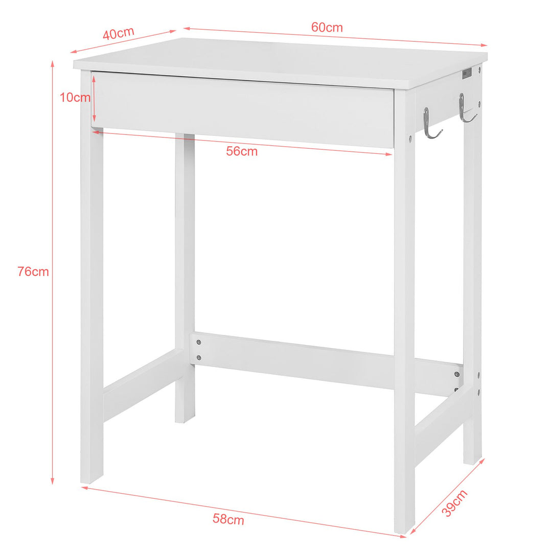 Enkelt skrivebord med knager, 60 x 40 x 76 cm, hvid