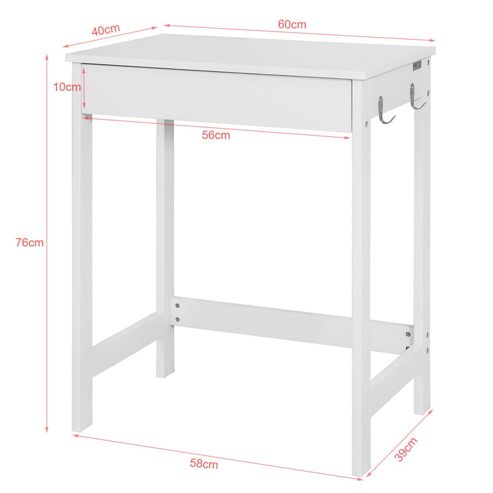 Enkelt skrivebord med knager, 60 x 40 x 76 cm, hvid