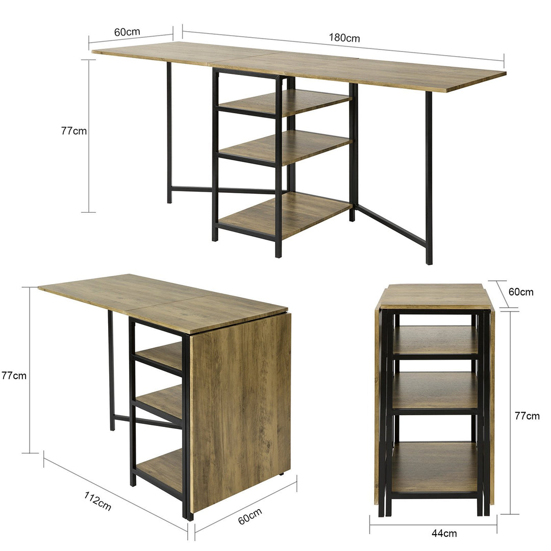 Pladsbesparende klapbord med 3 hylder, B60xH77xL180cm