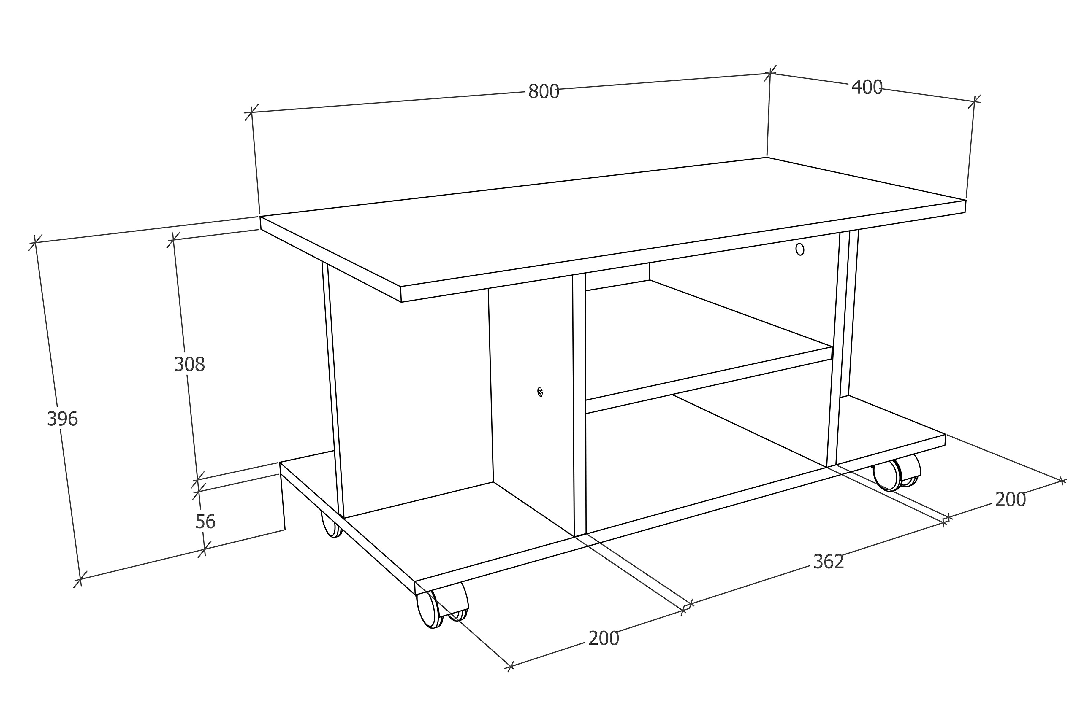 TV-bord med hjul, h. 40 x b. 80 x d. 40 cm, naturfarvet