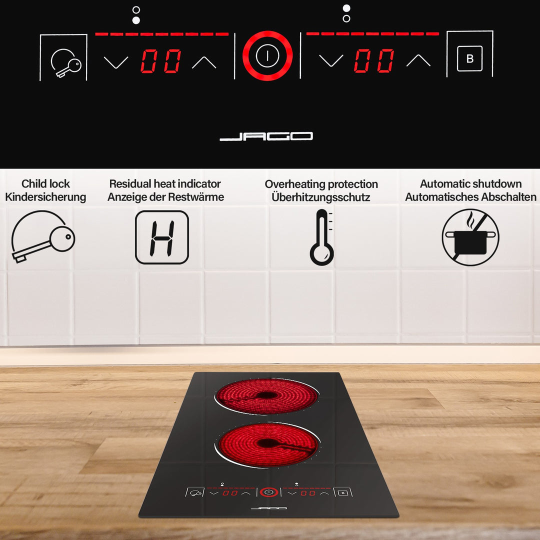 Glaskeramisk Kogeplade: 1200/1800 Watt, Universal Grydekompatibilitet, Ø 16/20 cm, 9 Effekttrin, Inkl. Timer, Sort