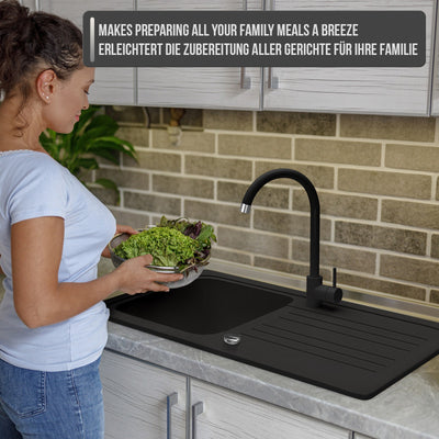 Køkkenvask i granit m/ afløb, sort vandhane, vendbar aftrækker, rektangel, sort, 759 x 220 x 459 mm