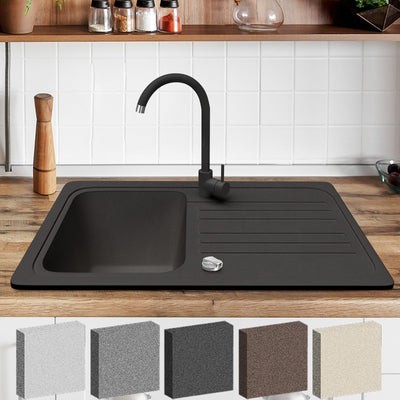 Køkkenvask i granit m/ afløb, sort vandhane, vendbar aftrækker, rektangel, sort, 759 x 220 x 459 mm