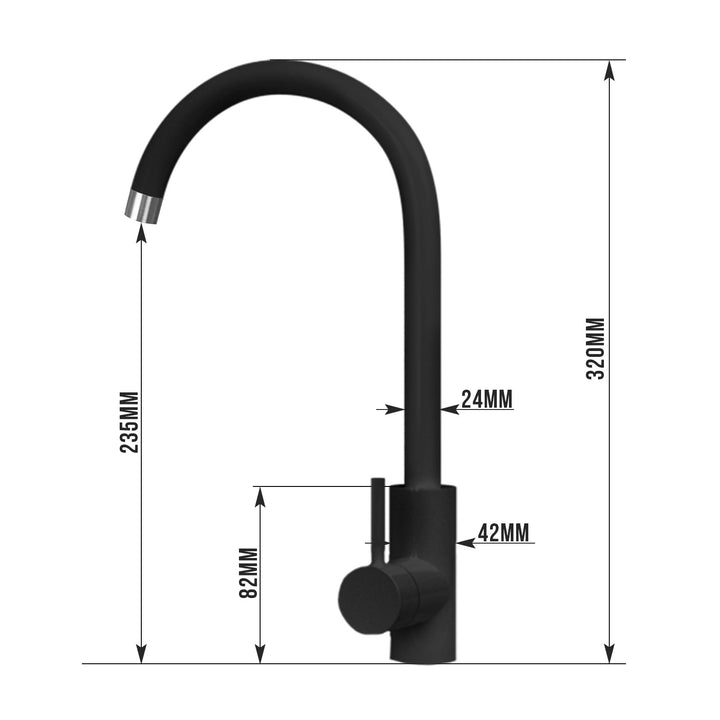 Køkkenvask - granitsæt ca. 22,5" x 17,75" m/ afløb, sort vandhane, vendbart afløb, rektangel, sort