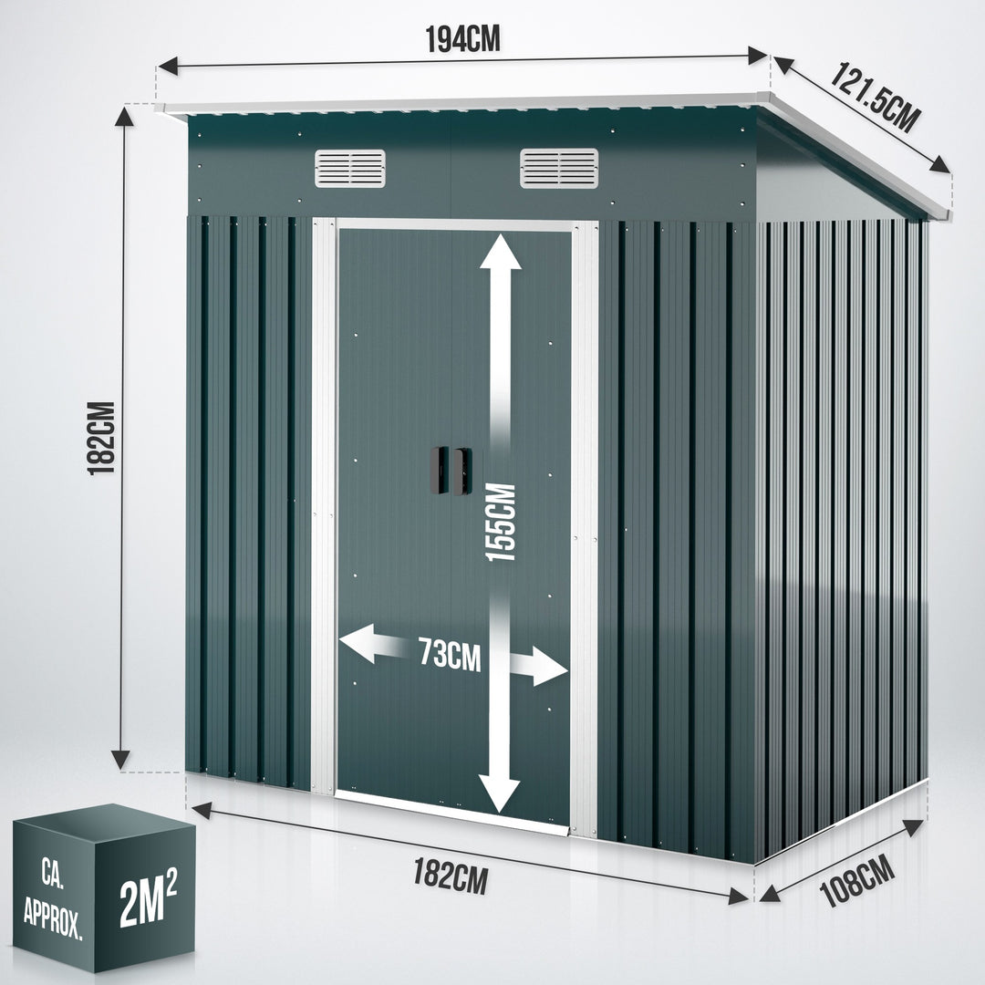 Haveskur - 194 × 182 × 108 cm, med fundament, skydedør, ventilationsgitter, UV-bestandig, udført i galvaniseret stål, grøn