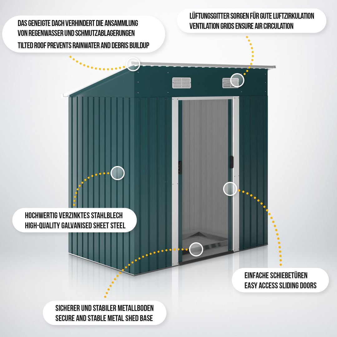 Haveskur - 194 × 182 × 108 cm, med fundament, skydedør, ventilationsgitter, UV-bestandig, udført i galvaniseret stål, grøn