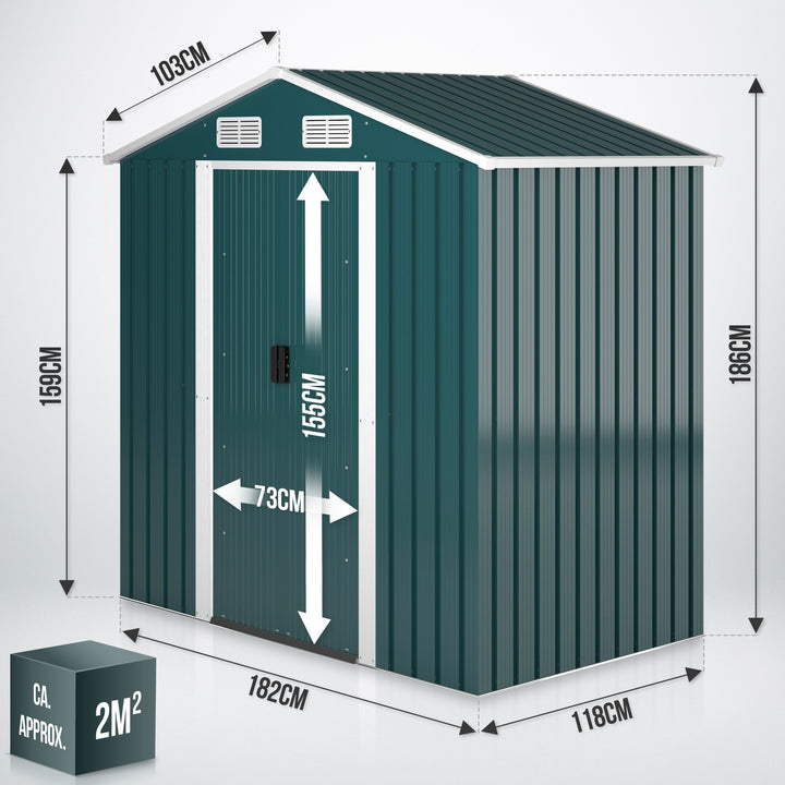 Haveskur - 182 x 186 x 118 cm, med fundament, skydedør, grøn