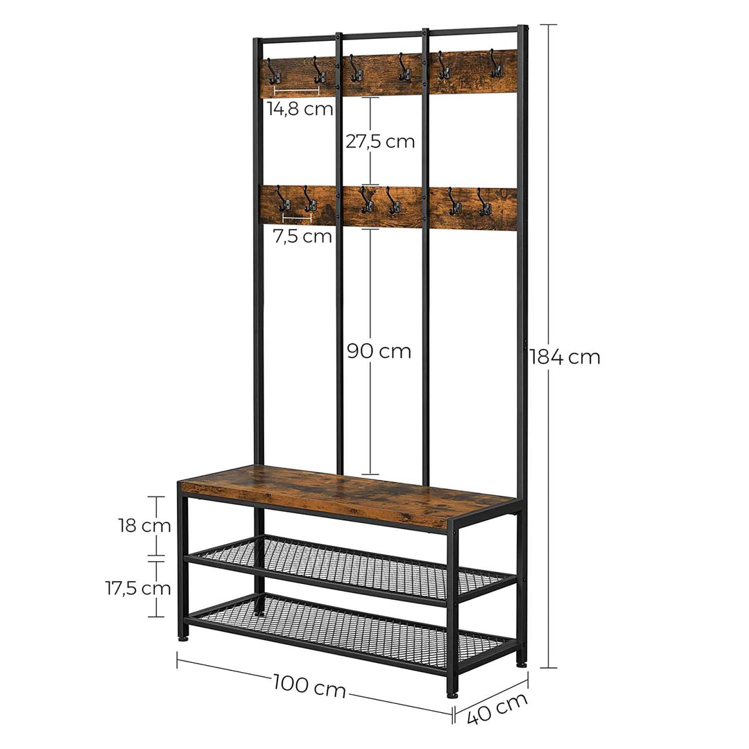 Garderobestativ med 2 skohylder, 12 knager og bænk, L100xB40xH184 cm