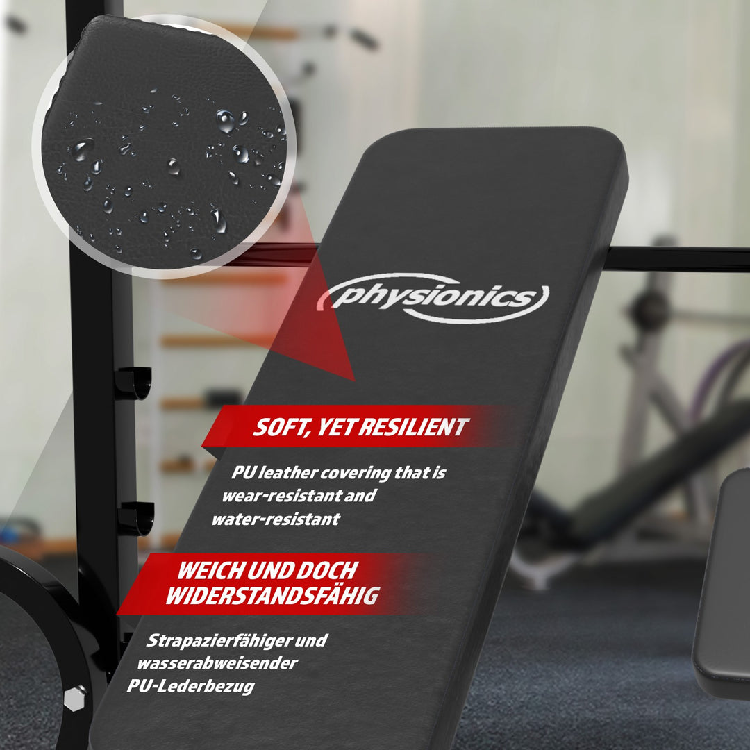 Physionics® vægtbænk med vægtstang - 40 kg vægte, sommerfugl, benforlænger, krøllebænk, lat pulldown, 140 cm