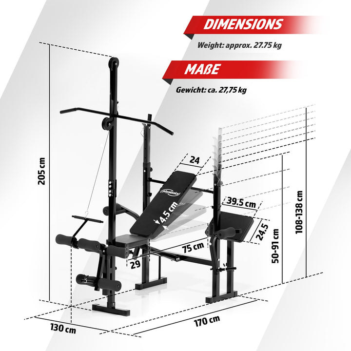 Physionics® vægtbænk med vægtstang - 40 kg vægte, sommerfugl, benforlænger, krøllebænk, lat pulldown, 140 cm