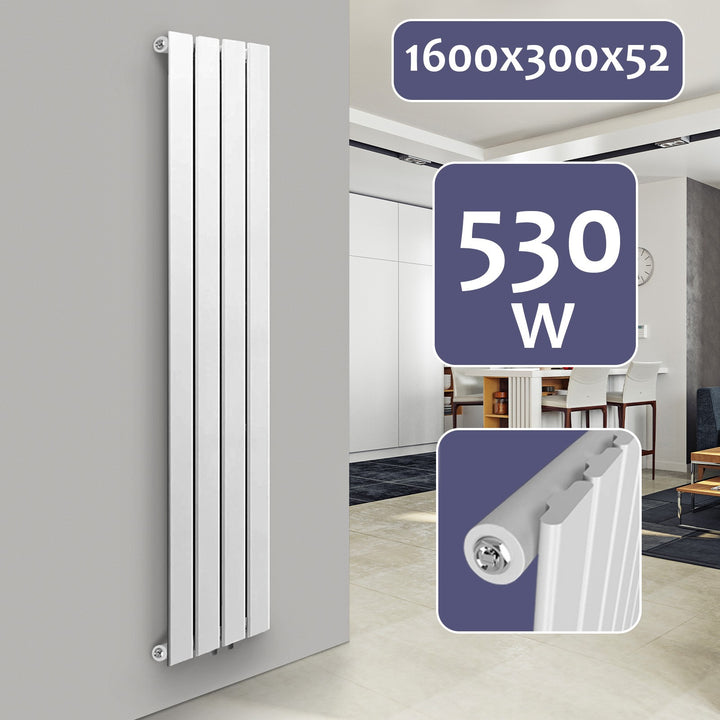 Aquamarine® Design Radiator - Lodret, Enkeltlag, 4 Segmenter, 1600x300x52 mm, hvid