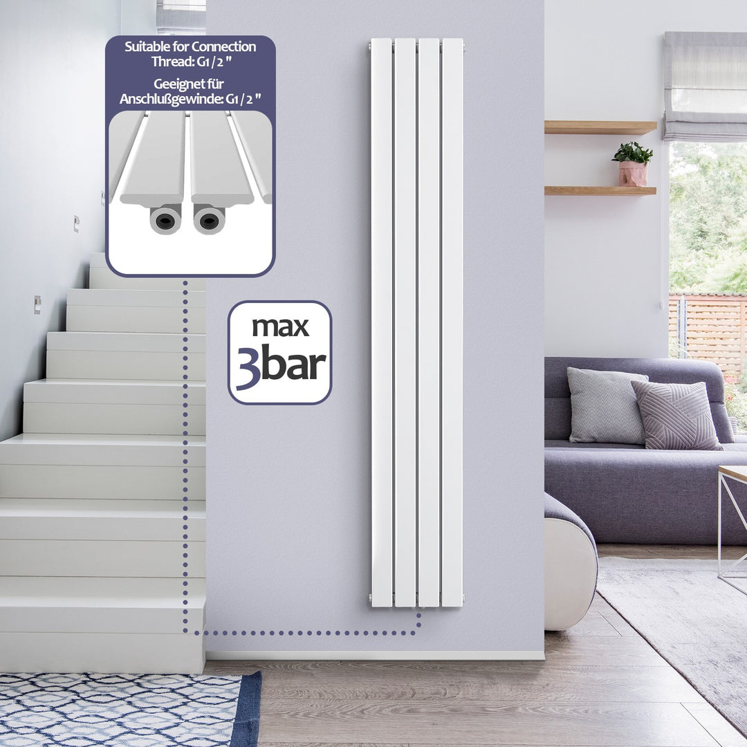 Aquamarine® Design Radiator - Lodret, Enkeltlag, 4 Segmenter, 1600x300x52 mm, hvid