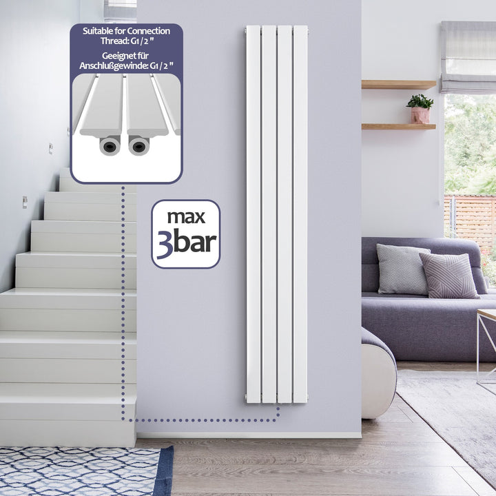 Aquamarine® Design Radiator - Lodret, Enkeltlag, 4 Segmenter, 1600x300x52 mm, hvid