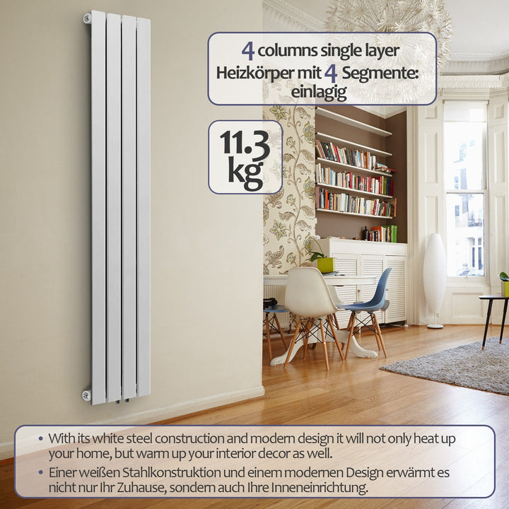 Aquamarine® Design Radiator - Lodret, Enkeltlag, 4 Segmenter, 1600x300x52 mm, hvid
