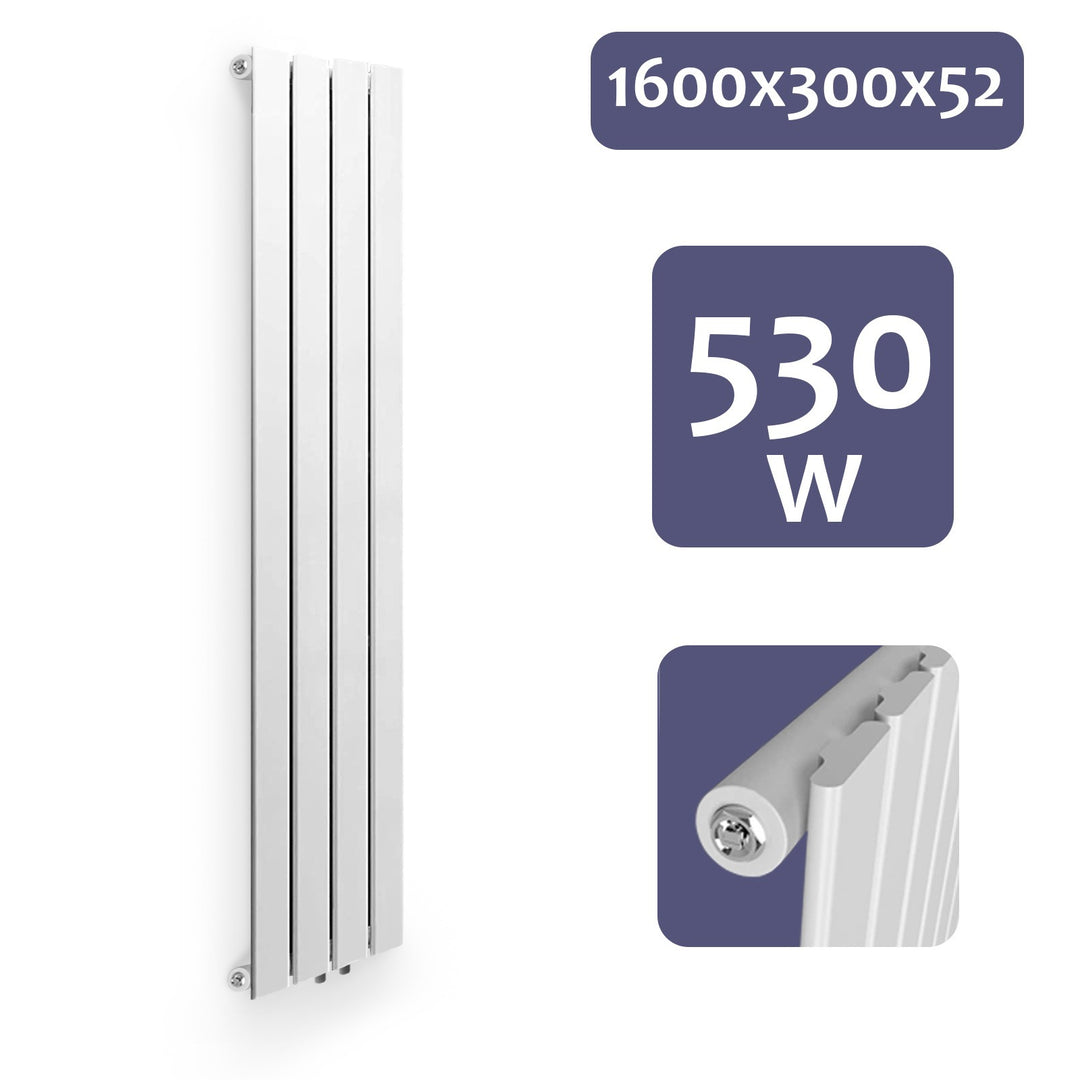 Aquamarine® Design Radiator - Lodret, Enkeltlag, 4 Segmenter, 1600x300x52 mm, hvid