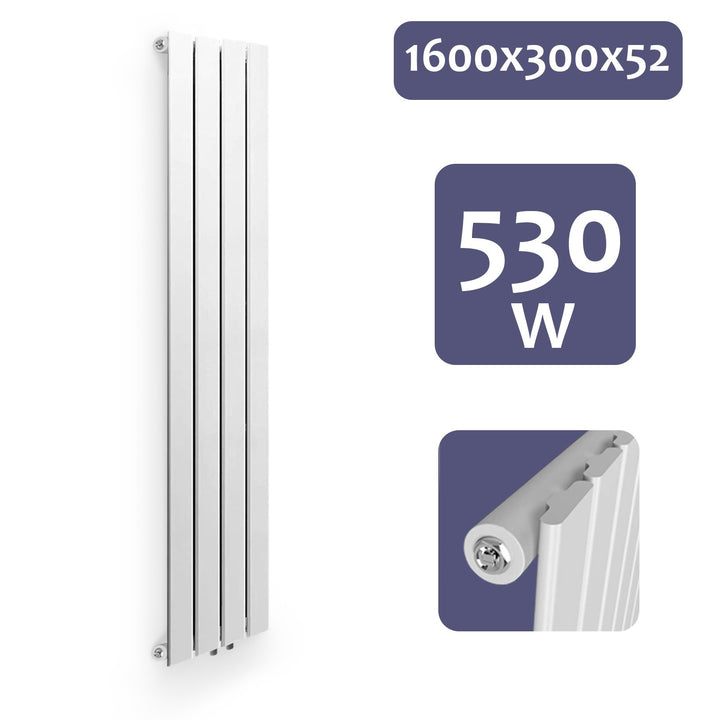 Aquamarine® Design Radiator - Lodret, Enkeltlag, 4 Segmenter, 1600x300x52 mm, hvid