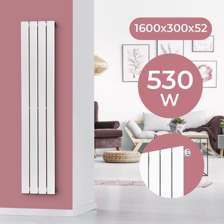 Aquamarine® Design Radiator - Lodret, Enkeltlag, 4 Segmenter, 1600x300x52 mm, hvid