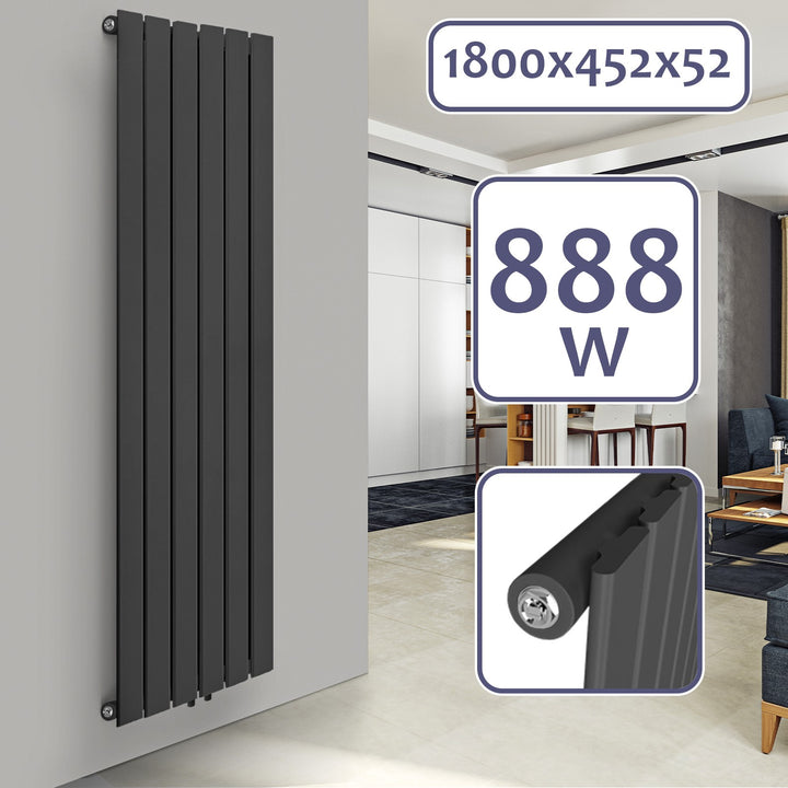 Lodret panelradiator,  flad enkeltlags, 1800x452 mm, 888W, centerforbindelse, stål, antracit-grå