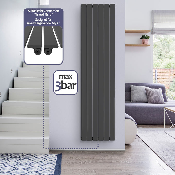 Lodret panelradiator,  flad enkeltlags, 1800x452 mm, 888W, centerforbindelse, stål, antracit-grå