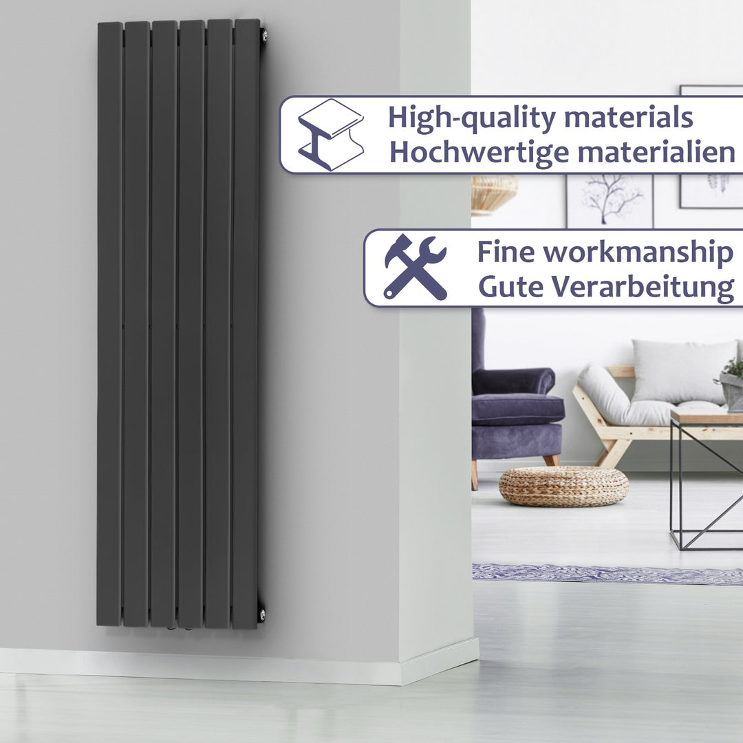 Lodret panelradiator,  flad enkeltlags, 1800x452 mm, 888W, centerforbindelse, stål, antracit-grå
