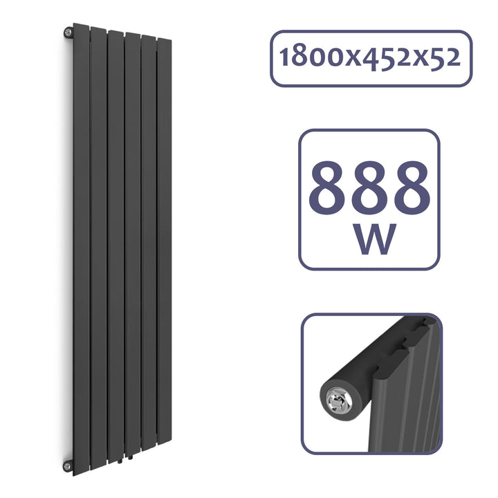 Lodret panelradiator,  flad enkeltlags, 1800x452 mm, 888W, centerforbindelse, stål, antracit-grå
