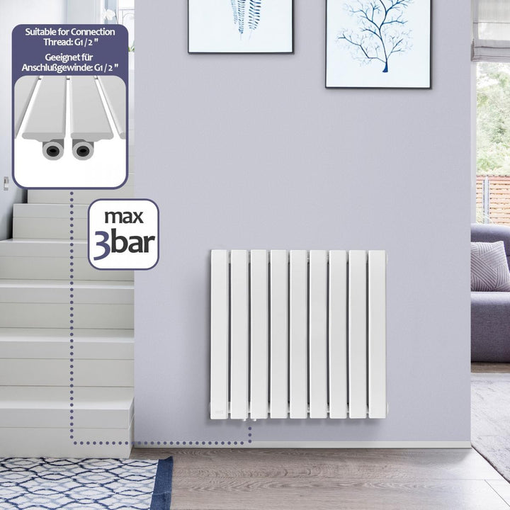 Aquamarine® radiator - vandret, enkeltlag, 9 segmenter, 600x614x52 mm, centralvarme, hvid