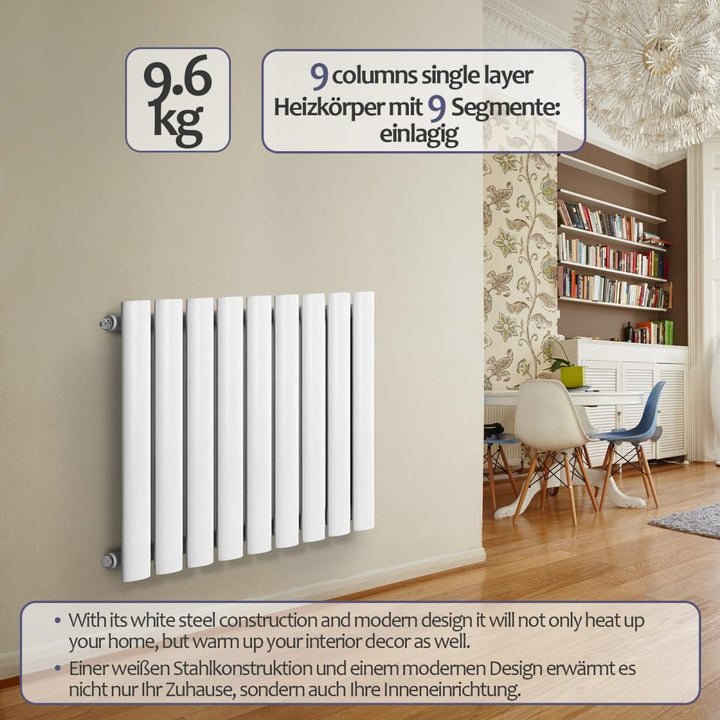 Aquamarine® radiator - vandret, enkeltlag, 9 segmenter, 600x614x52 mm, centralvarme, hvid