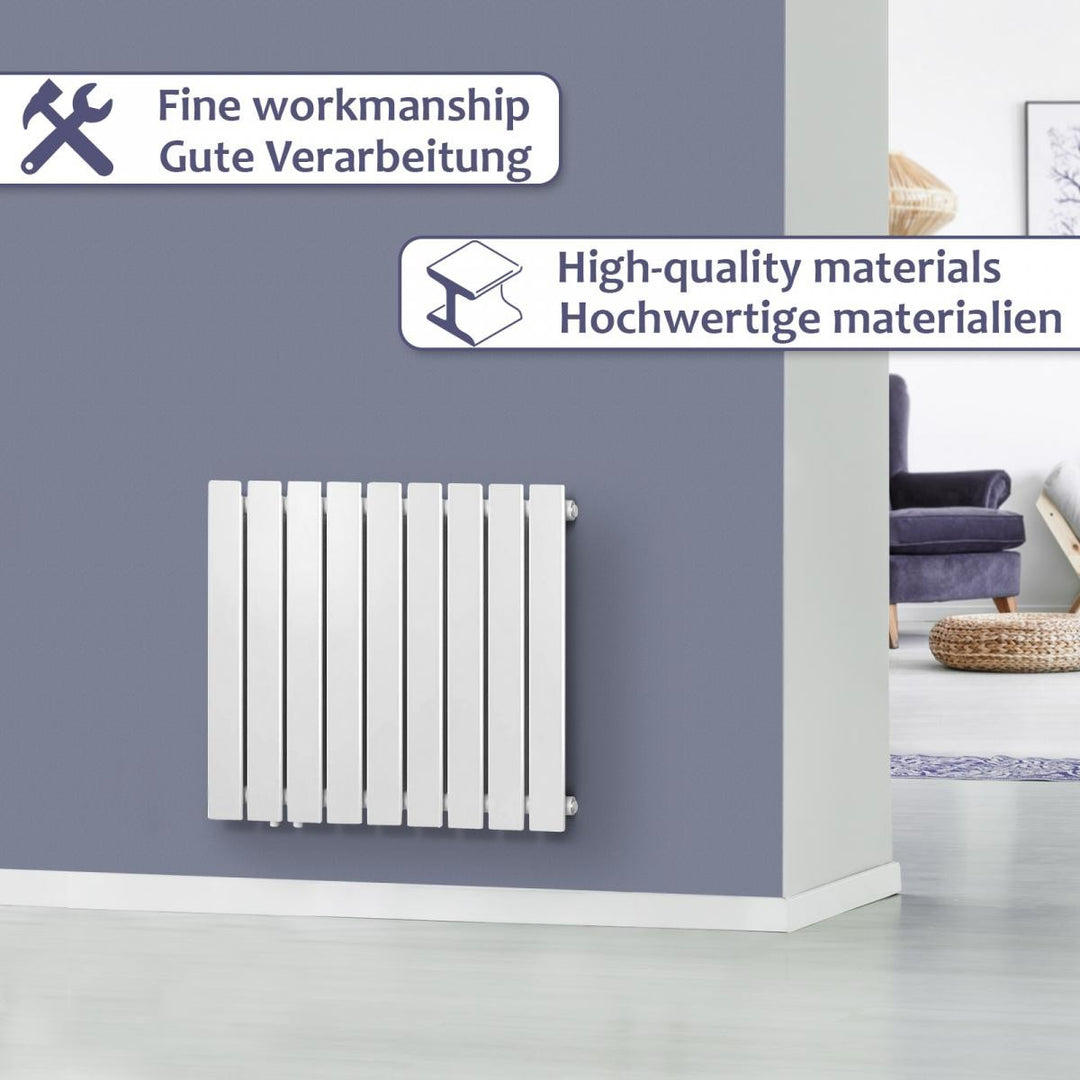 Aquamarine® radiator - vandret, enkeltlag, 9 segmenter, 600x614x52 mm, centralvarme, hvid