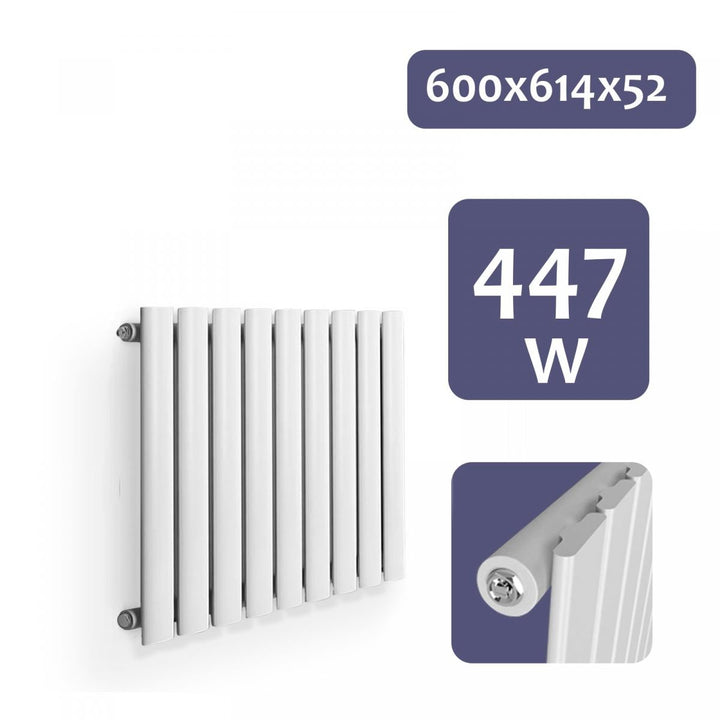 Aquamarine® radiator - vandret, enkeltlag, 9 segmenter, 600x614x52 mm, centralvarme, hvid