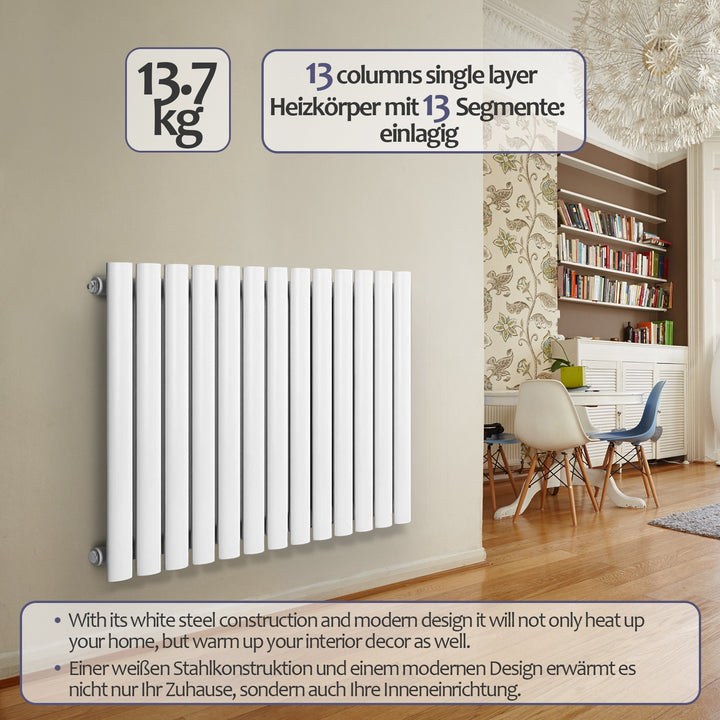 Vandret panelradiator, enkeltlag, 600x886x52 mm, hvid