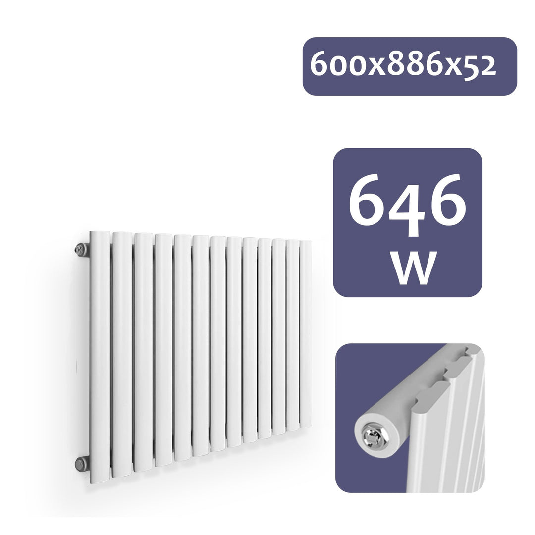 Vandret panelradiator, enkeltlag, 600x886x52 mm, hvid