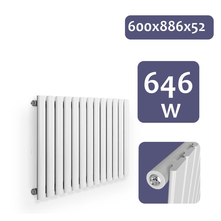 Vandret panelradiator, enkeltlag, 600x886x52 mm, hvid