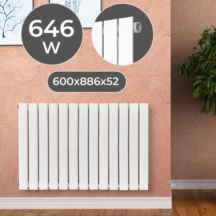 Vandret panelradiator, enkeltlag, 600x886x52 mm, hvid